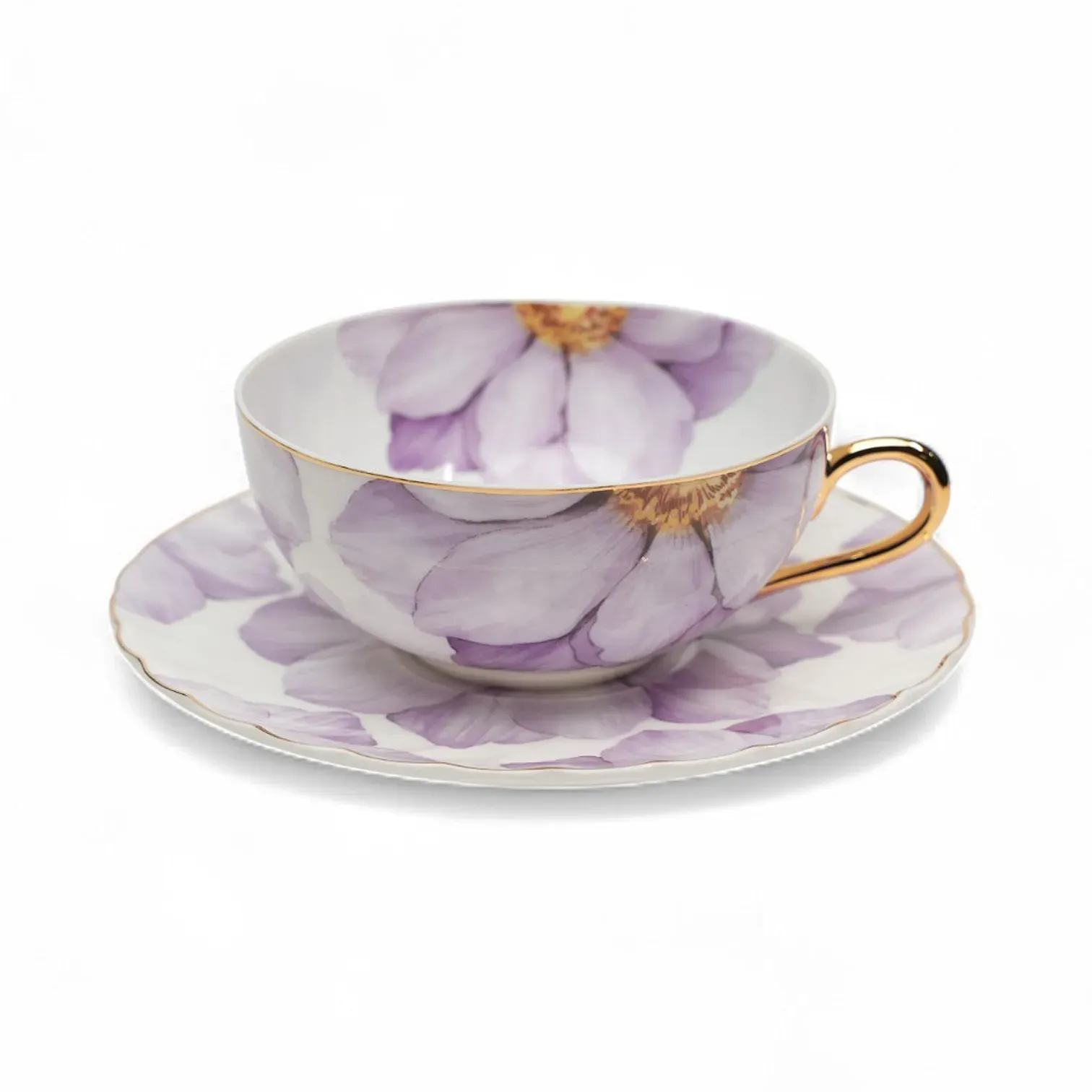 Tea Cup Set with Large Purple Flower Print